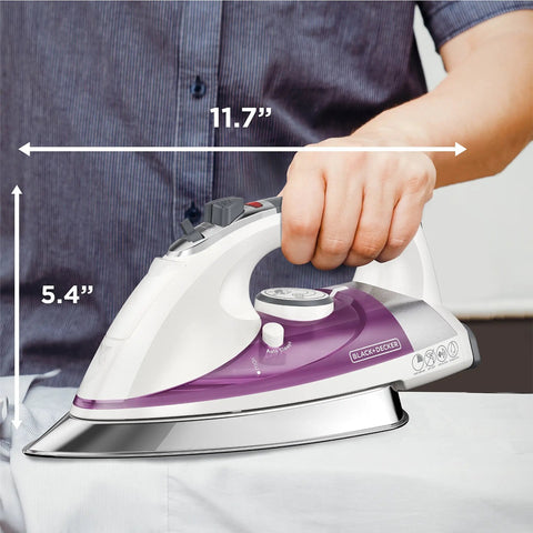 Pro Grade Steam Iron With Stainless Steel Soleplate Extra Long Cord AntiDrip Tech Auto Clean System Variable Steam And Temperature Controls Purple Finish For Fast Smooth Garment Touchups