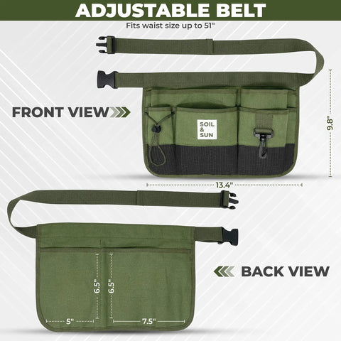Front and back view of Essential Garden Tool Belt For Women Apron With Pockets Canvas Utility Belt For DIYers Teachers And On The Go Gardeners Durable Waist Apron With Easy Tool Access showing dimensions and adjustable belt.