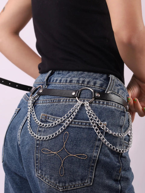 Badass Black Pu Leather Waist Chain Belt Featuring Heavy Duty Hardware And Distressed Details For Emo Punk Goth Grunge Fashion daily wear with chains on jeans.
