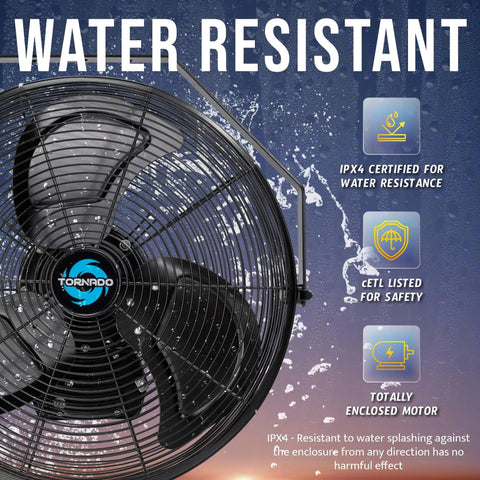 Outdoor 18 Inch High Velocity Metal Wall Mount Fan IPX4 Water Resistant With 3 Speed Settings Delivers Serious Airflow For Commercial Industrial And Residential Use 4150 CFM 6.6 Ft Cord 180 Degree Tilting Black shown with water resistant feature.