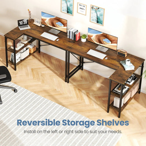 L Shaped Desk 47 Inch Computer Desk for Home Office and Gaming, Corner Desk With Reversible Storage Shelves in Rustic Brown