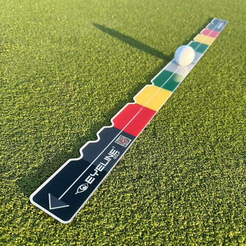 Stroke Meter 2.0 Putting Aid for Stroke Length, Speed, and Distance Control on outdoor green surface with golf ball nearby