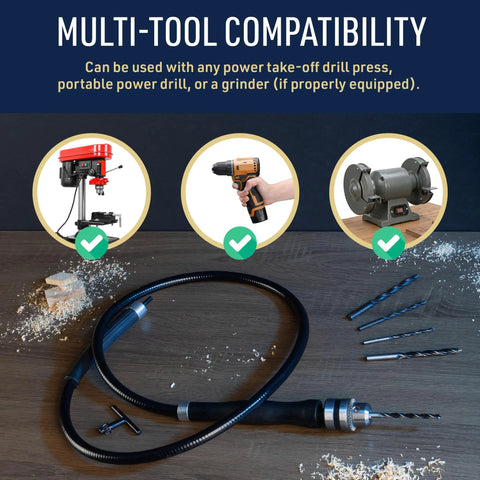 Flexible Drive Drill Bit Extension Flex Shaft Rotary Tool Accessory Fits 3 8 Inch Chucks shown with various compatible tools.