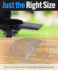 EasySpin 304 Stainless Steel Charcoal Grill Cooking Grate For 22 Inch Kettles With Large Hinged Opening Great For Two Zone Grillin Replacement Grate Compatible With Weber And Other Grills, shown with dimensions on wood surface.