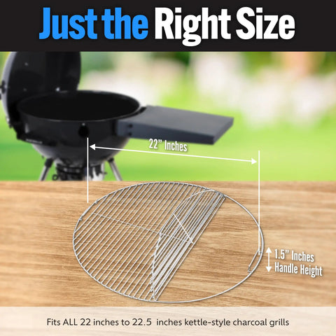 EasySpin 304 Stainless Steel Charcoal Grill Cooking Grate For 22 Inch Kettles With Large Hinged Opening Great For Two Zone Grillin Replacement Grate Compatible With Weber And Other Grills, shown with dimensions on wood surface.