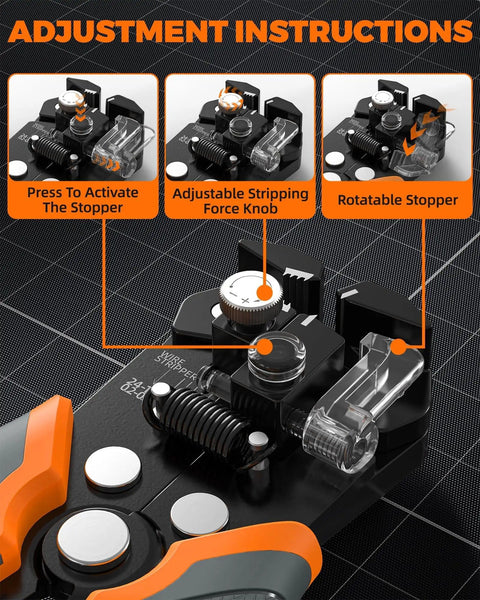 5 In 1 Self Adjusting Wire Stripper Kit detailing adjustment features and instructions for use.