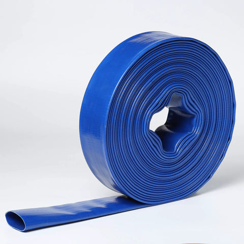 Heavy Duty Flat Lay Hose 6 Inch Diameter 300 Feet Long Sump Pump Discharge Backwash PVC Line rolled up for yard drainage.