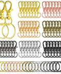 Heavy Duty 100 Piece Swivel Clasp Kit With Snap Hooks And Keychain Rings For Jewelry Making showcases assorted gold, silver, and black clasps.