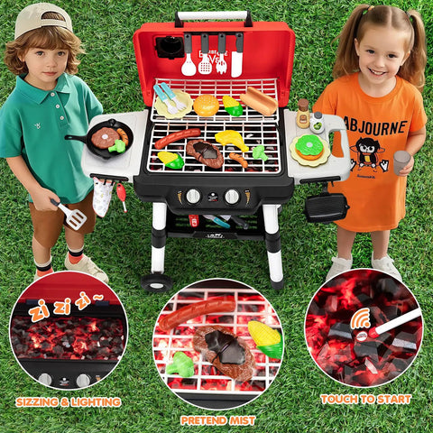 Two children playing with Epic Backyard BBQ Grill Playset For Kids With Smoke Sound And Lights, Dual Layer Outdoor Kitchen Toy On Wheels.
