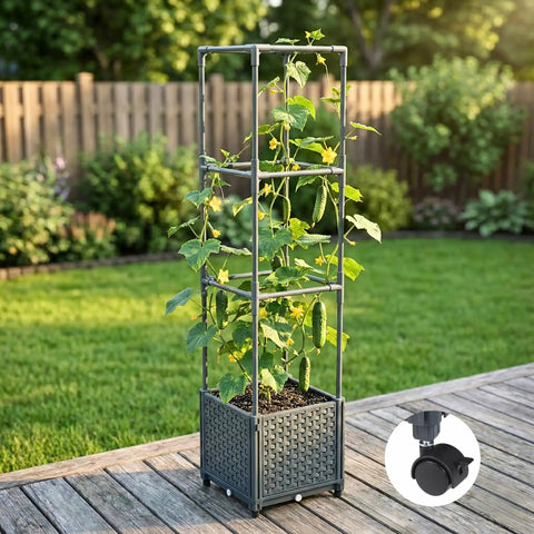 Raised Garden Bed Tomato Planter Box With Trellis Self Watering 4.1 Gallon Pot 31.65 Inch Trellis Easy Move Wheels Climbing Plants