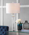 Crystal Clear Table Lamp In Modern Glam Style With White Linen Drum Shade, Sleek Chrome Finish, LED Bulb Included on glass table