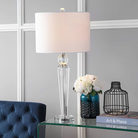 Crystal Clear Table Lamp In Modern Glam Style With White Linen Drum Shade, Sleek Chrome Finish, LED Bulb Included on glass table