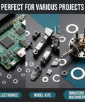 Top Shelf M8 Steel Shim Washers Set Eighty Pieces Precision Ultra Thin Spacers For Electronics And Scale Model Assembly Tough Hardware With Slick Finish Nailed It shown with circuit board, model kits, and miniature machinery.