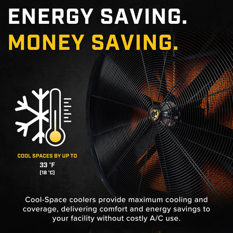 Heavy Duty Portable Evaporative Swamp Cooler With 50 Inch Fan Kicks Serious Heat In 6500 Sq Ft Garages showing fan blades and cooling effects.