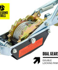 2 Ton Heavy Duty Come Along Puller With 3 Hooks Dual Gear Power Ratchet Steel Cable Winch hand-operated dual gears close-up
