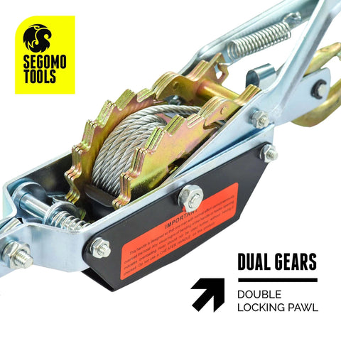 2 Ton Heavy Duty Come Along Puller With 3 Hooks Dual Gear Power Ratchet Steel Cable Winch hand-operated dual gears close-up