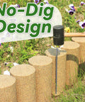 Flexible Landscape Edging Kit With Anchoring Spikes For Flower Beds Lawns Gardens And Pathways DIY Friendly Easy To Install No Dig UV Resistant Plastic Borders Set Of Four with mallet next to wood-textured edging in garden setup.