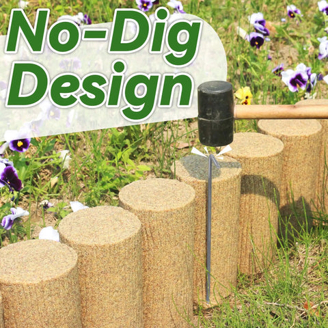 Flexible Landscape Edging Kit With Anchoring Spikes For Flower Beds Lawns Gardens And Pathways DIY Friendly Easy To Install No Dig UV Resistant Plastic Borders Set Of Four with mallet next to wood-textured edging in garden setup.