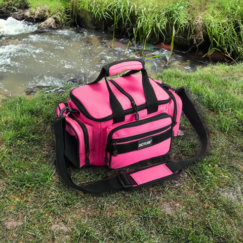 Pink 600D Water-Resistant Fishing Tackle Bag With Soft Side Crossbody Sling For Women by a creek