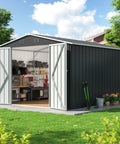 Heavy Duty Metal Garden Storage Shed 8.2x12 Ft Lockable Doors; galvanized steel shed in backyard with tools visible inside.