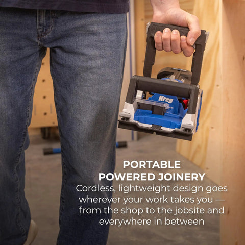 Rebel 20V Ionic Drive Pocket Hole Joiner Kit With 20V Blue Ion Charger And 2Ah Battery Pack, handheld view, portable use