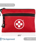 Red nylon mini first aid kit bag, 4.5 by 6.5 inches, TSA approved, part of 2 In 1 First Aid Kit For Car Travel And Home With 64 Piece Medical Supplies And 25 Pack Bonus Mini Kit For Survival Camping Emergency And Business Use Roadside Ready.