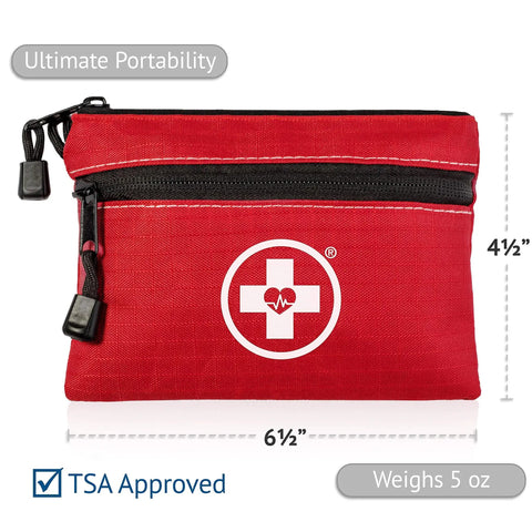 Red nylon mini first aid kit bag, 4.5 by 6.5 inches, TSA approved, part of 2 In 1 First Aid Kit For Car Travel And Home With 64 Piece Medical Supplies And 25 Pack Bonus Mini Kit For Survival Camping Emergency And Business Use Roadside Ready.