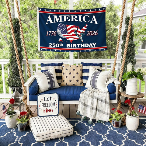 Totally All American 250th Anniversary Flag 3x5 Ft Double Sided Three Layer Fabric We The People 1776 2026 on porch with swing
