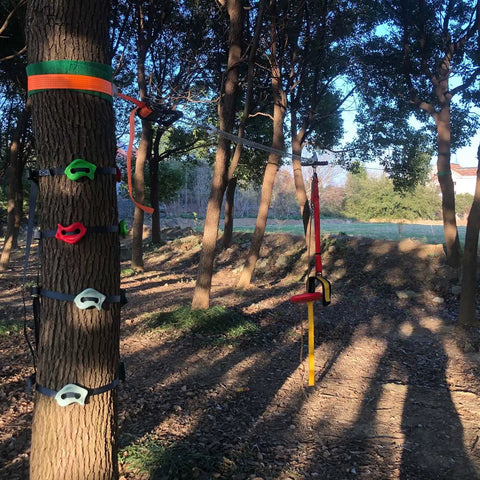 16 Piece Kids Climbing Rocks Set With Zip Line Accessories installed on tree in forest, showing non slip rock holds.