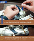 Person applying Eight 10Ml Tubes Shoe Glue Repair Kit With Sanding Sticks And Rubber Bands For Sneakers High Heels Crocs in use on white sneaker.
