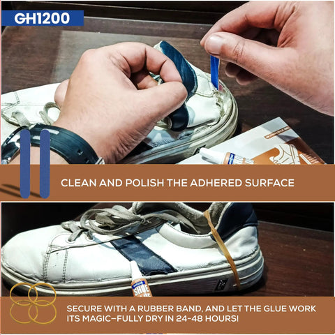 Person applying Eight 10Ml Tubes Shoe Glue Repair Kit With Sanding Sticks And Rubber Bands For Sneakers High Heels Crocs in use on white sneaker.