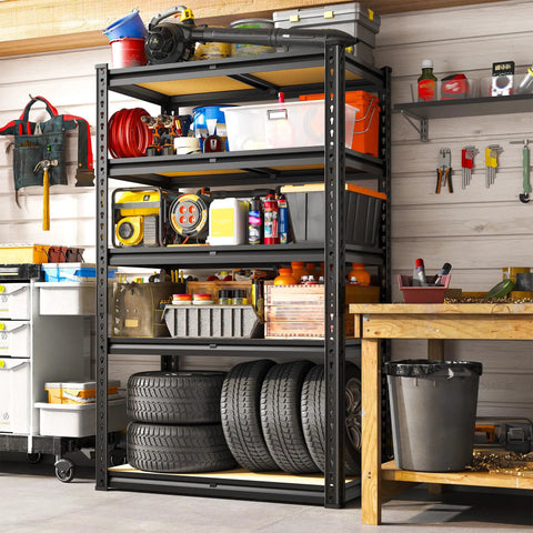 Workhorse Heavy Duty Steel Garage Shelving With Smooth Edges For Garage Basement Shed And Pantry Stable Durable Storage With Rolled Edge Uprights Scratch Resistant Coating Anti Tip Kits For Safe Easy Organization in garage with tires and tools