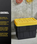 Stacked Beefy 27 Gallon Heavy Duty Stackable Storage Bins With Lids, showing rugged build and recessed lid for easy stacking