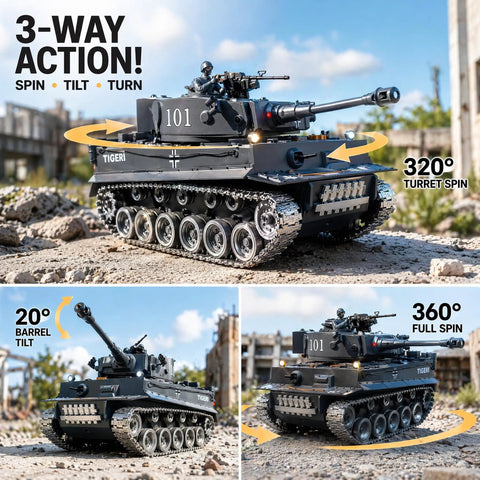 1:18 Tiger RC Tank with metal tracks and BB pellets, turret spins 320°, barrel tilts 20°, full 360° rotation, remote control toy
