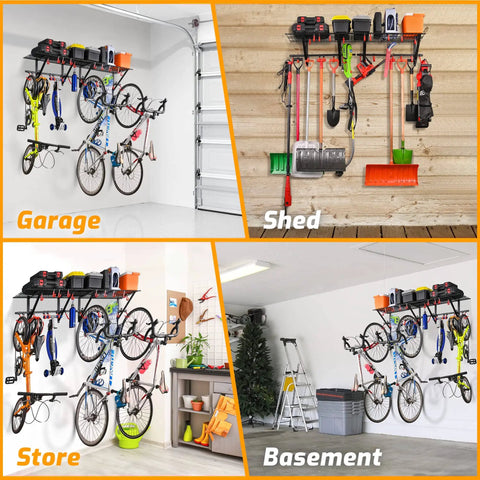 Garage Wall Shelf With Two Bike Hooks And Vertical Bike Hanger, Heavy Duty Powder Coated Steel Organizer in different settings