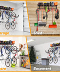 Heavy Duty Garage Wall Shelves With Bike Hooks, Adjustable Wall Mount Organizer, Black, 2 Pack shown in garage, shed, store, and basement
