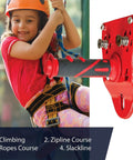 Child on zipline with helmet, holding Heavy Duty Zipline Trolley With Stainless Steel Sheaves And Double Pulley, 23kN Rating