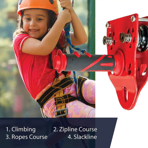 Child on zipline with helmet, holding Heavy Duty Zipline Trolley With Stainless Steel Sheaves And Double Pulley, 23kN Rating