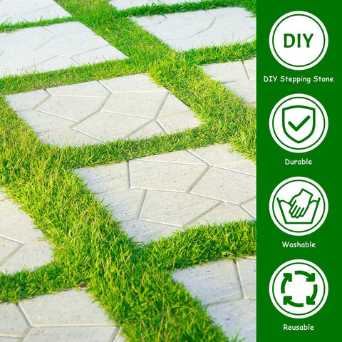 Path made with Three Size Square Stepping Stone Molds Set for Concrete, Reusable Plastic Cement Molds, surrounded by grass.