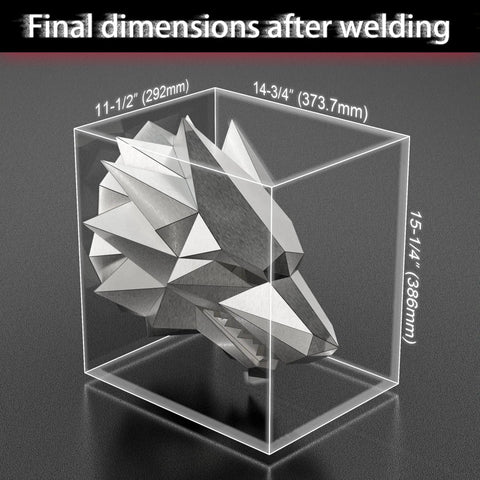 Dimensions of welded wolf sculpture from Wolf Head Welding Practice Kit For Beginners And Pros in 3D view, 14 pieces, 201 stainless steel.