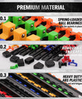 18 Piece Socket Organizer Set with spring-loaded ball bearings, removable end caps, heavy duty ABS plastic, color coded clips.
