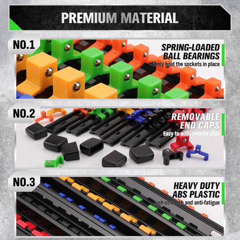 18 Piece Socket Organizer Set with spring-loaded ball bearings, removable end caps, heavy duty ABS plastic, color coded clips.