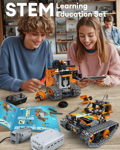 Kids building models with Five In One STEM Remote Control Building Kit With 392 Pieces For Kids Ages 6 12 Build A Tank Robot ATV And More DIY Science Toys Gift Idea For Boys And Girls