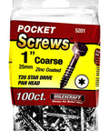 Wood Pocket Hole Screws 1-Inch Pan Head Torx Self-Tapping Coarse Thread Zinc Coated 100-Pack packaging view