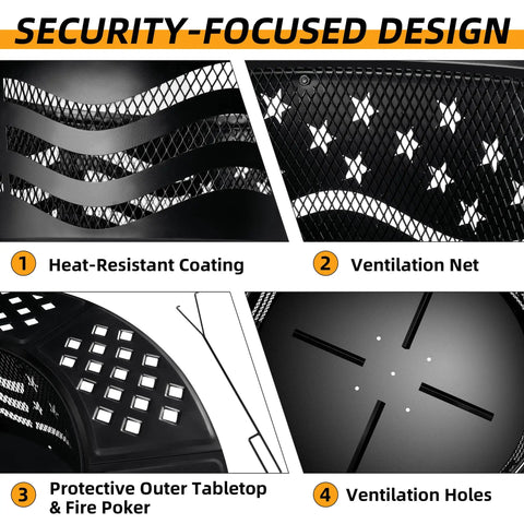 Security features of Big 42 Inch Outdoor Fire Pit With Two Grills For Wood Or Charcoal Burning, detailing coating and ventilation.
