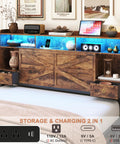 Queen Farmhouse Bed Frame In Rustic Brown Features Four Deep Drawer Storage And Open Bookshelf Headboard With Smart Led Lights Plus Dual Usb Charging Port, showcasing storage with LED lights and USB outlets.
