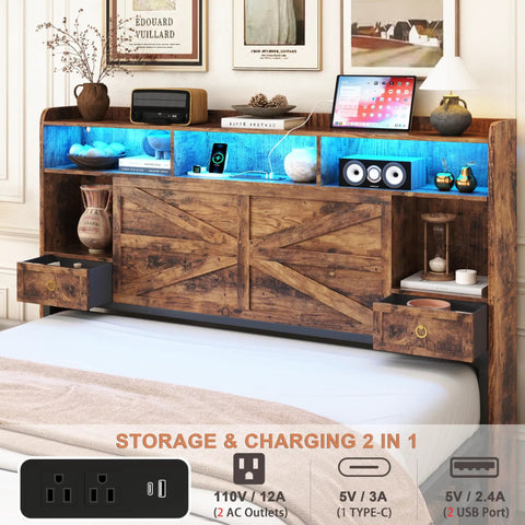 Queen Farmhouse Bed Frame In Rustic Brown Features Four Deep Drawer Storage And Open Bookshelf Headboard With Smart Led Lights Plus Dual Usb Charging Port, showcasing storage with LED lights and USB outlets.