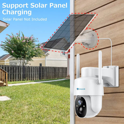 Wireless Outdoor Security Camera With Pan Tilt And Battery Power 2.4G WiFi PIR Motion Detection And Two Way Talk Color Night Vision 9000mAh Battery For Easy No Wires Setup Solar Panel Ready mounted on brick wall.