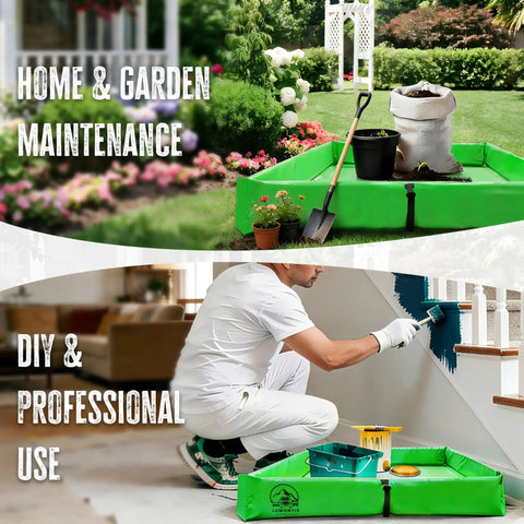 Spill Containment Berm 3 By 3 Portable Folding PVC Tray For Oil And Lab Chemical Spills in garden and worksite settings.