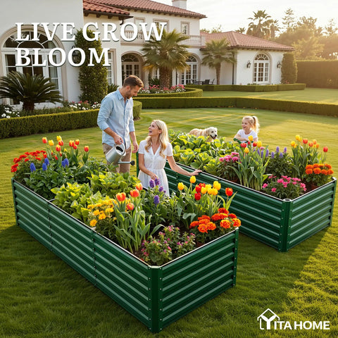 8x4x2ft Large Raised Garden Bed Kit With Galvanized Metal Planter Box And Included Gloves Ground Nails Support Rods Safety Rubber For Outdoor Above Ground Use Ideal For Vegetables Flowers And Plants Green in a backyard scene with family